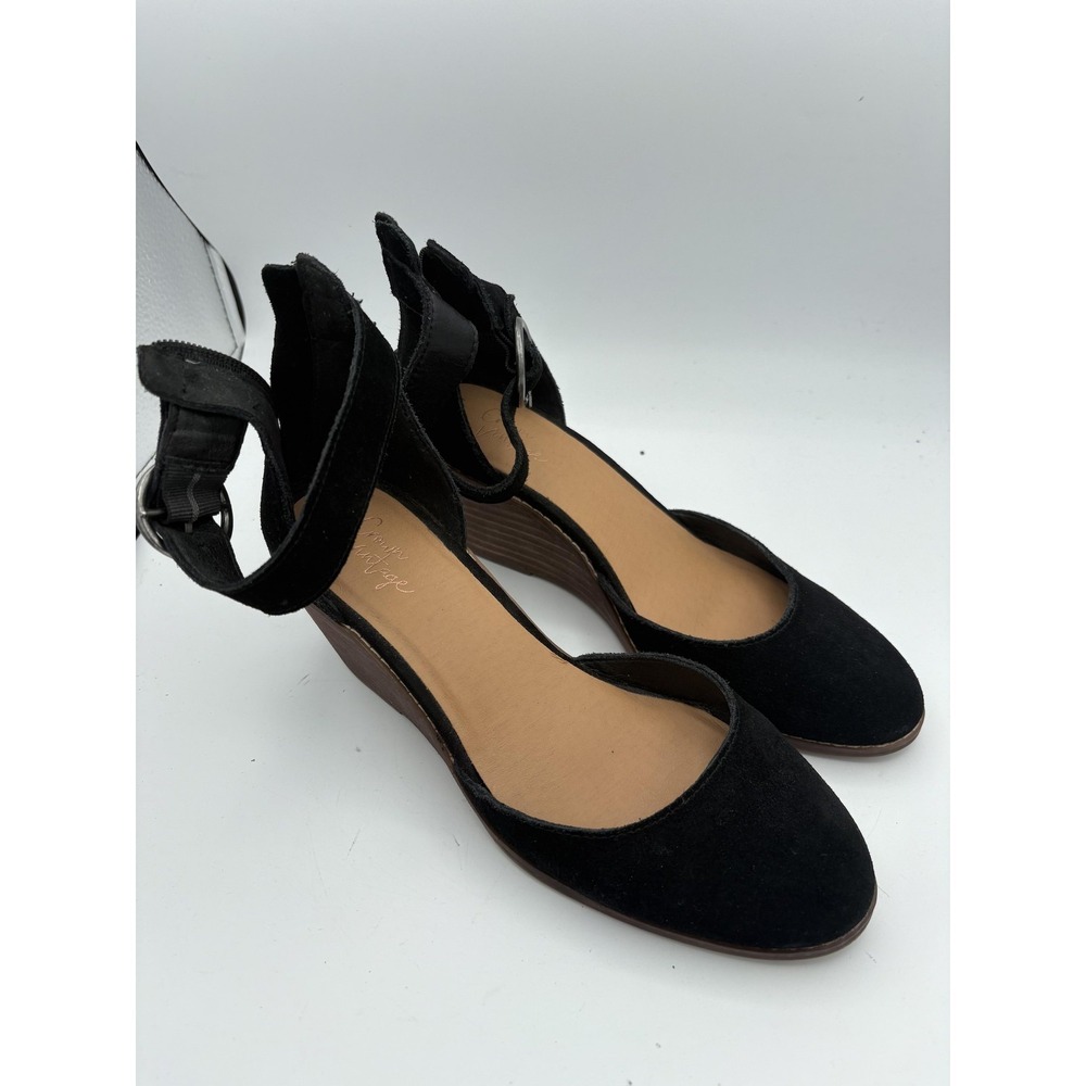 Crown Vintage Shoes Womens Size 7 Black Faux Suede Wedge Pumps Ankle Strap Zip